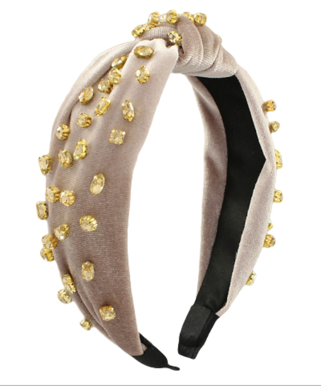 Dark Beige Velvet Beaded Headband-Golden Stella-Trendsetter Online Boutique