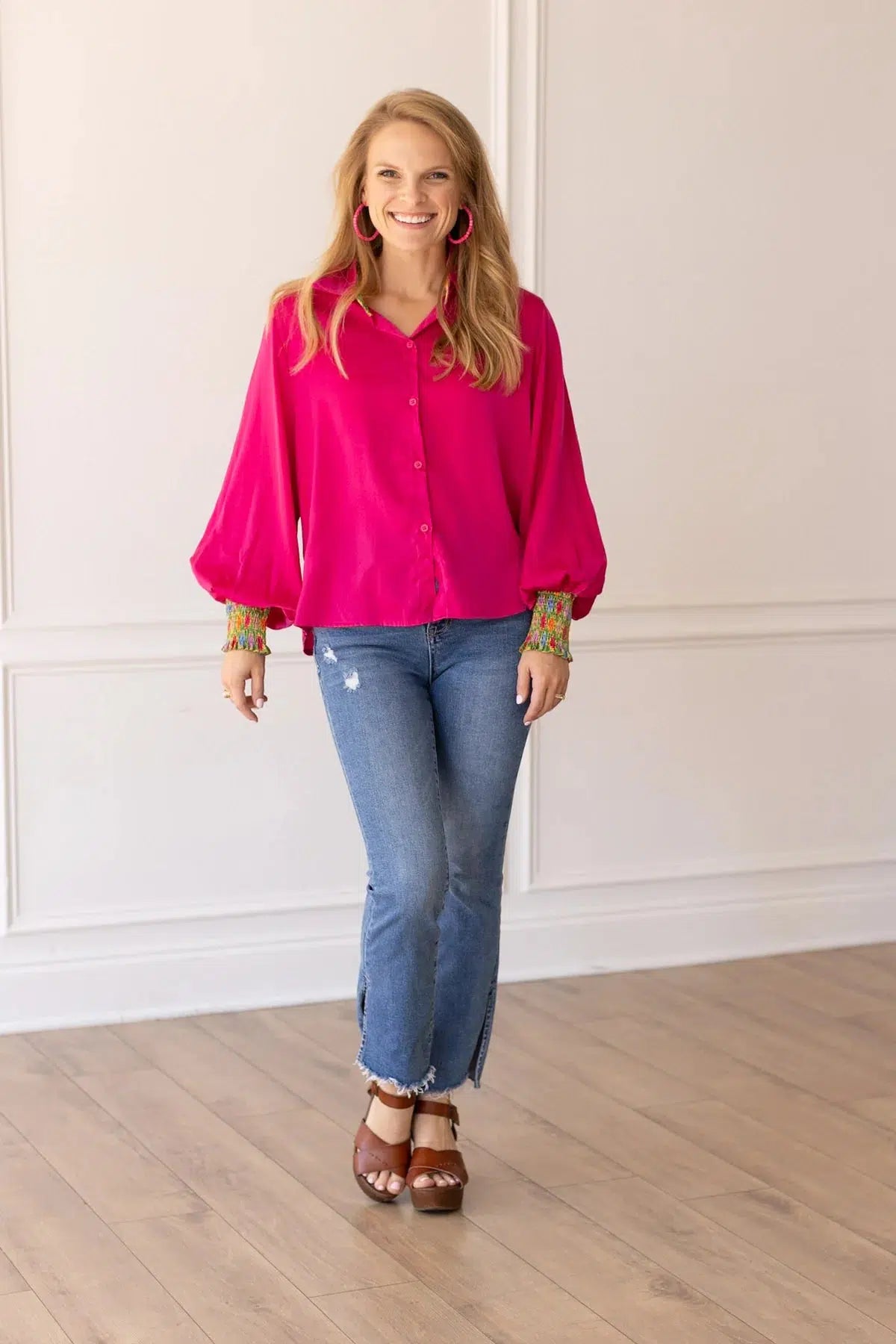 Retro Reverie Balloon-Sleeve Blouse in Fuchsia-Southern Grace Wholesale-Trendsetter Online Boutique