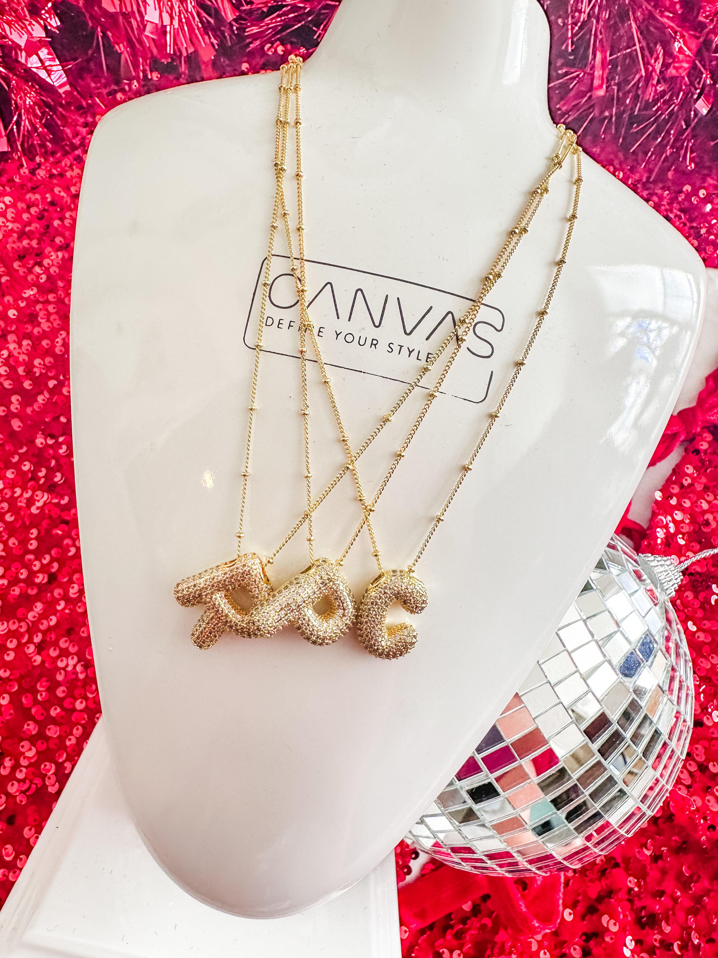 Jeweled CZ Bubble Letter Initial Necklace-The Classy Cloth-Trendsetter Online Boutique