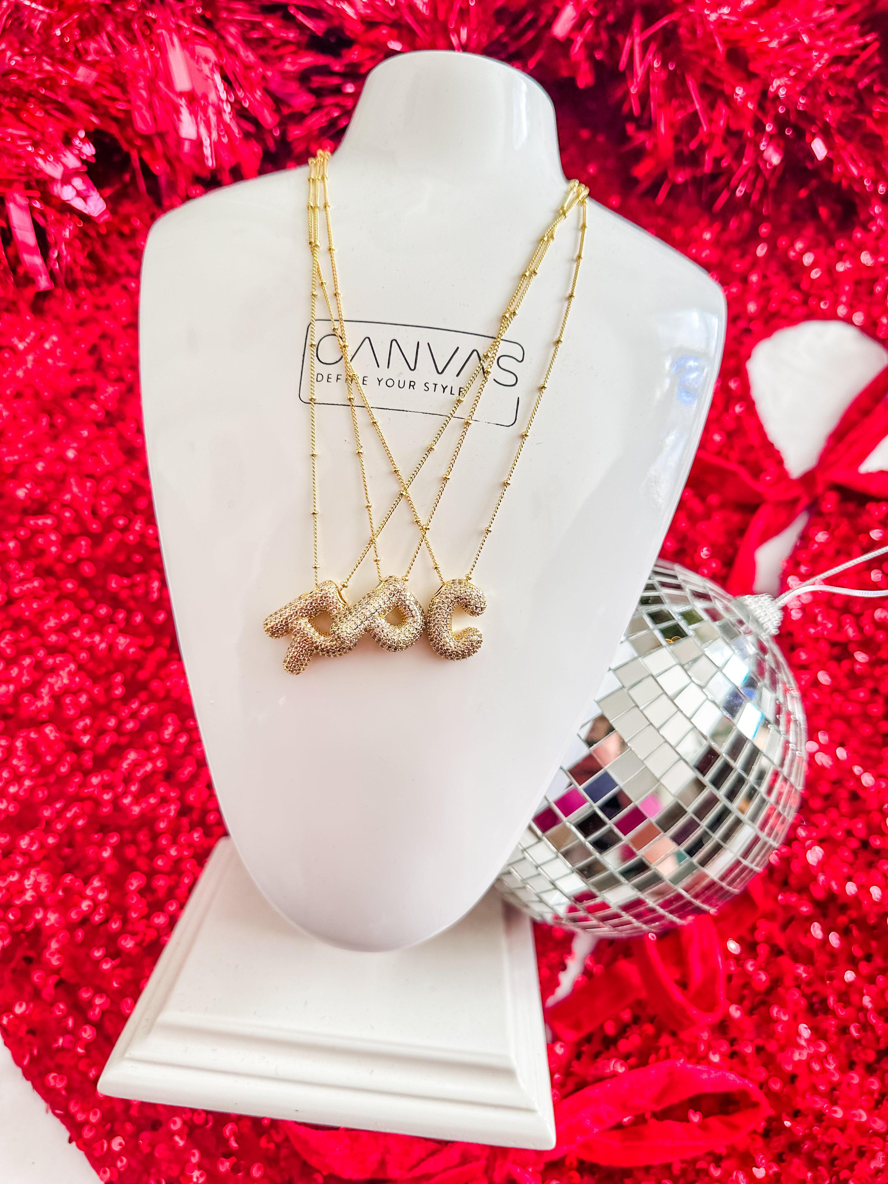 Jeweled CZ Bubble Letter Initial Necklace-The Classy Cloth-Trendsetter Online Boutique