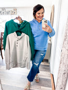 Zenana Half Button Fleece Pullover- Blue-Zenana-Trendsetter Online Boutique