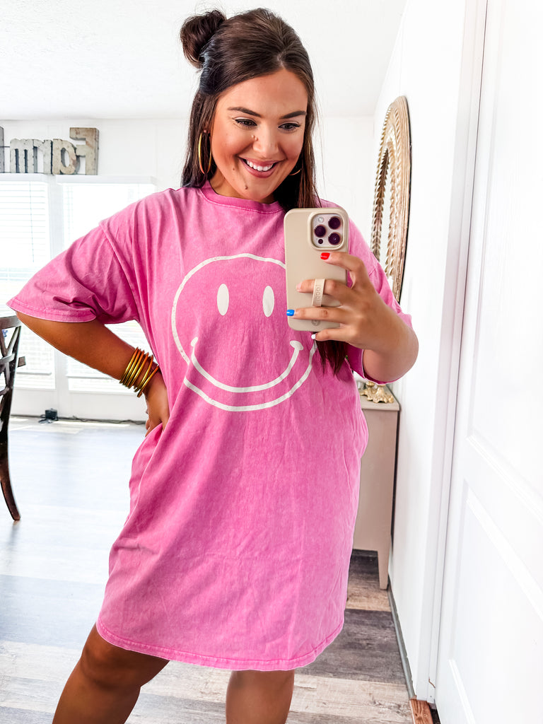 Smile Big T-shirt Dress- Pink-Dresses-Trendsetter Online Boutique, Women's Online Fashion Boutique Located in Edison, Georgia