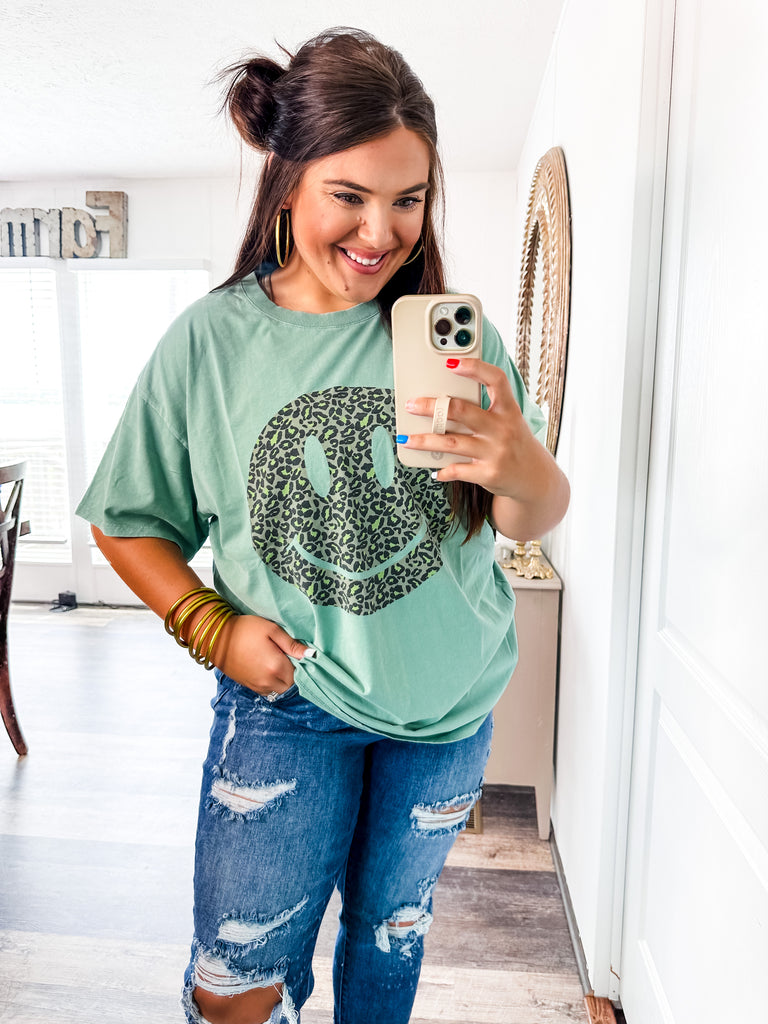 Happy Days Printed T-shirt in Sage-Graphic Tees-Trendsetter Online Boutique, Women's Online Fashion Boutique Located in Edison, Georgia