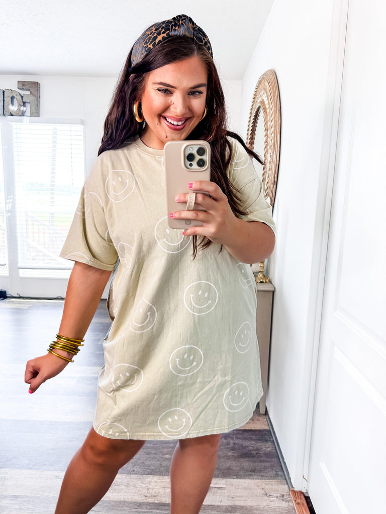 All Smiles T-shirt Dress- Khaki-Dresses-Trendsetter Online Boutique, Women's Online Fashion Boutique Located in Edison, Georgia