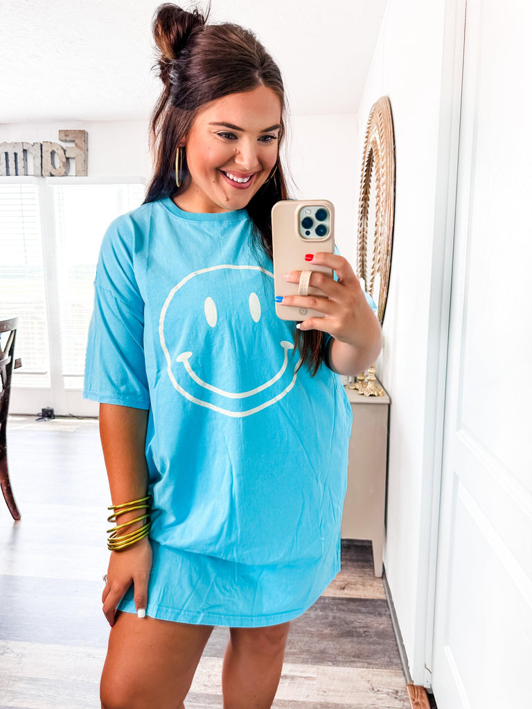 Smile Big T-shirt Dress- Aqua-Dresses-Trendsetter Online Boutique, Women's Online Fashion Boutique Located in Edison, Georgia