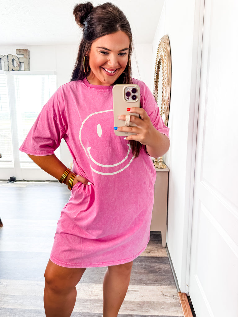 Smile Big T-shirt Dress- Pink-Dresses-Trendsetter Online Boutique, Women's Online Fashion Boutique Located in Edison, Georgia