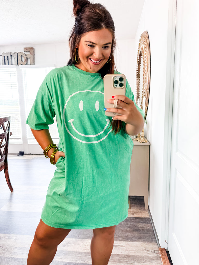 Smile Big T-shirt Dress- Green-Dresses-Trendsetter Online Boutique, Women's Online Fashion Boutique Located in Edison, Georgia
