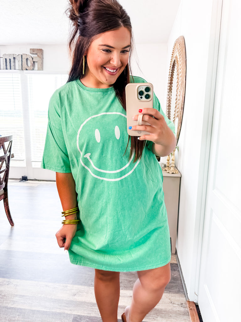 Smile Big T-shirt Dress- Green-Dresses-Trendsetter Online Boutique, Women's Online Fashion Boutique Located in Edison, Georgia