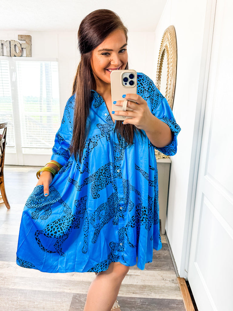 Love in Leopard Dress- Cobalt Blue-Dresses-Trendsetter Online Boutique, Women's Online Fashion Boutique Located in Edison, Georgia