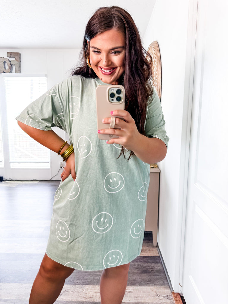 All Smiles T-shirt Dress- Sage-Dresses-Trendsetter Online Boutique, Women's Online Fashion Boutique Located in Edison, Georgia