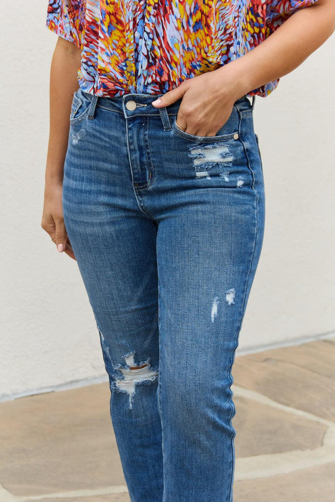 Judy Blue Theresa Full Size High Waisted Ankle Distressed Straight Jeans-Jeans-Trendsetter Online Boutique, Women's Online Fashion Boutique Located in Edison, Georgia