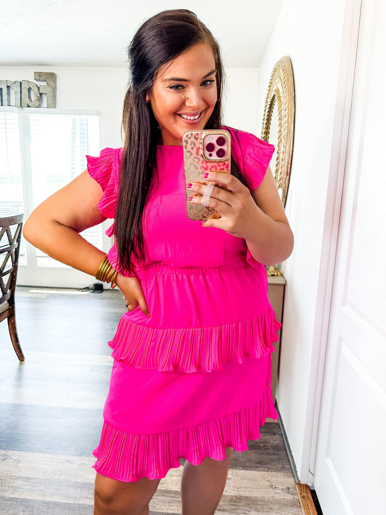 Ruffle Your Feathers Midi Dress- Pink-Dresses-Trendsetter Online Boutique, Women's Online Fashion Boutique Located in Edison, Georgia
