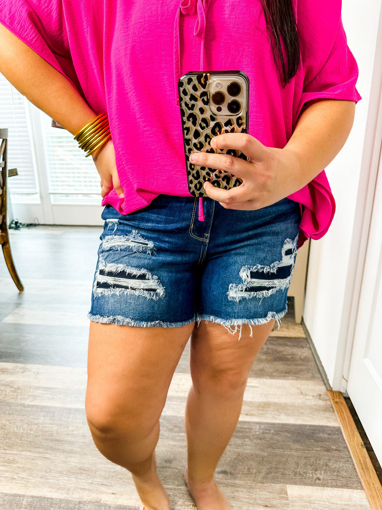 Judy Blue Denim Distressed Shorts-Shorts-Trendsetter Online Boutique, Women's Online Fashion Boutique Located in Edison, Georgia
